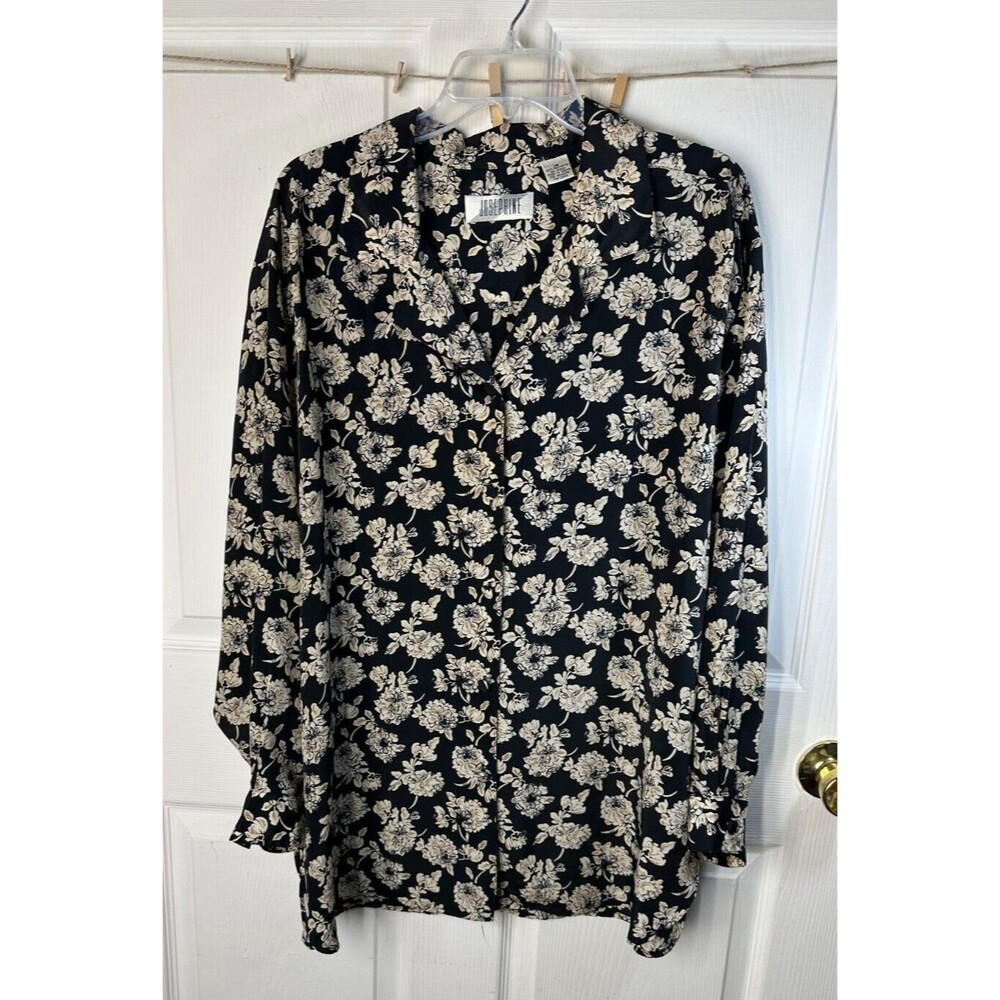 Josephine Big Shirt Women's 16 Black Floral Collard Long Sleeve Button Front